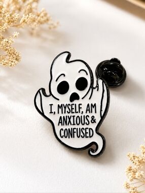 Funny Ghost Enamel Pin "Anxious & Confused" Meme Cute Spooky Kawaii Goth Pin